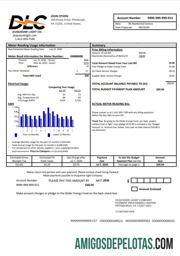 imprimível Modelo de conta de luz de serviços públicos EUA Pensilvânia Duquesne Light em formato Word e PDF